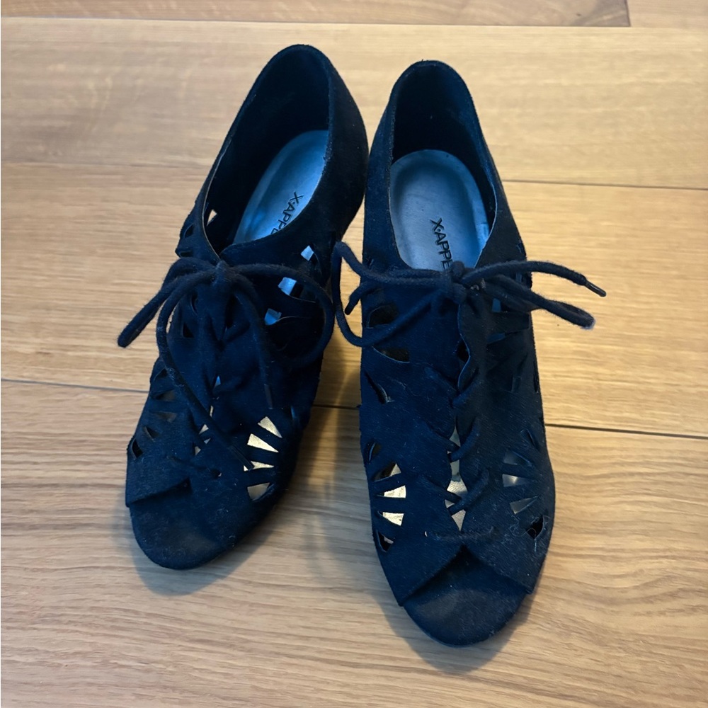 Xappeal Black Suede Lace-Up Cutout Peep Toe Heels